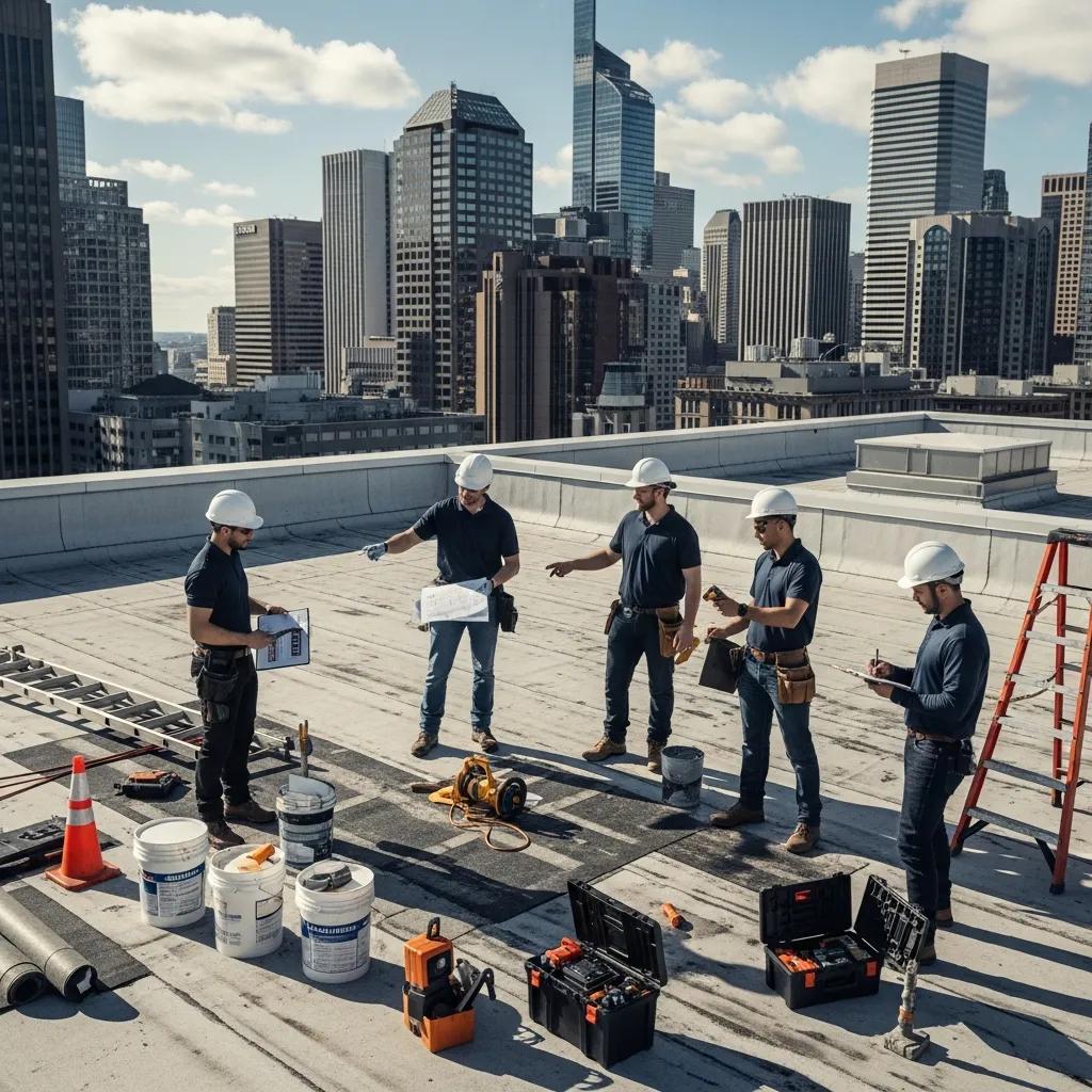 Team of roofing experts inspecting a commercial flat roofing system